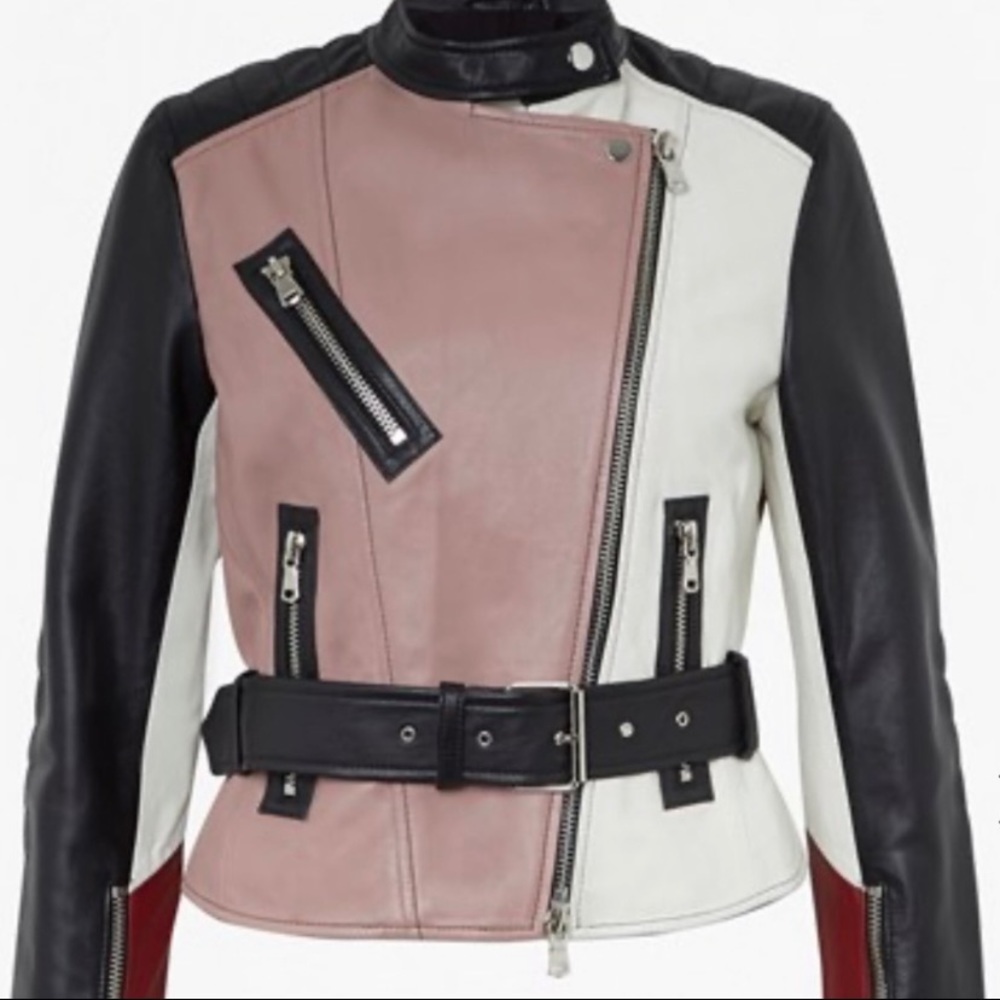 FRENCH CONNECTION STATEMENT 100% REAL LEATHER MOTO JACKET MULTICOLOR SIZE 6